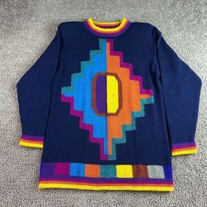 Peruvian Alpaca Sweater Womens M Blue Aztec Southwestern Tribal Shoulder Pads *